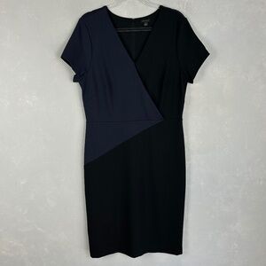 Ann Taylor size 14T sheath dress ponte knit stretch black navy v-neck career